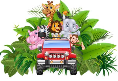 Happy holiday animal africa in the red car clipart