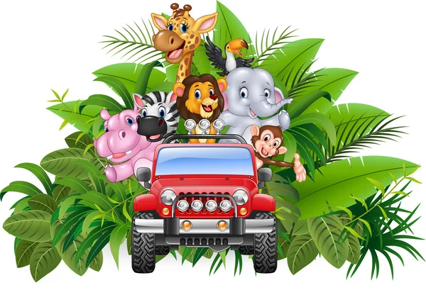 Happy holiday animal africa in the red car — Stock Vector