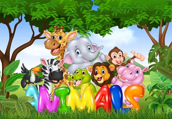 Illustration of Word animal with cartoon wild animal — Stock Vector