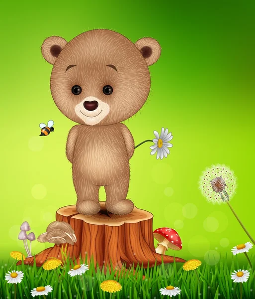 Petit ours sur souche d'arbre en fond de saison estivale — Image vectorielle