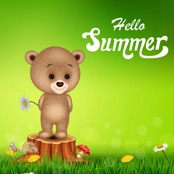 Γεια σας καλοκαίρι φόντο με μικρό αρκουδάκι σε κούτσουρο δέντρο — Διανυσματικό Αρχείο