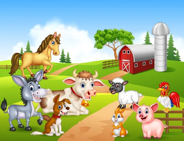 Fondo de la granja con animales felices — Vector de stock