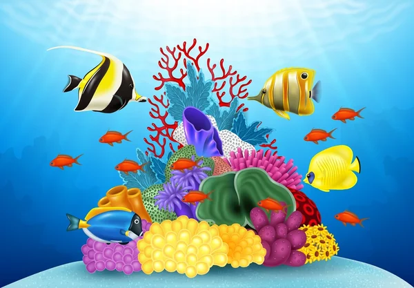 Desenhos animados peixes tropicais com belo mundo subaquático —  Vetores de Stock