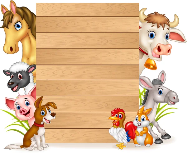 Dibujos animados animales de granja divertidos con signo de madera — Vector de stock