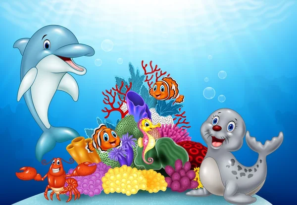 Dibujos animados peces tropicales con hermoso mundo submarino — Vector de stock