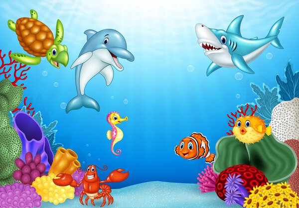 Cartoon tropical fish with beautiful underwater world