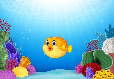 Çizgi film kirpi balığı ile mercan okyanus sualtı