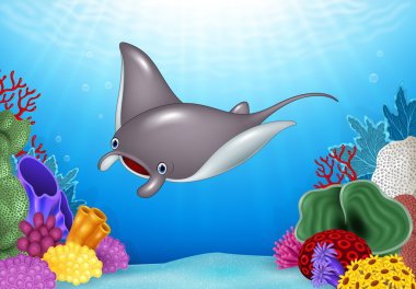 Çizgi film stingray ile mercan okyanus sualtı