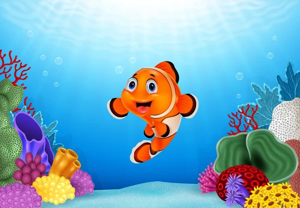 Cartoon Clown Pesce con bellissimo mondo subacqueo — Vettoriale Stock
