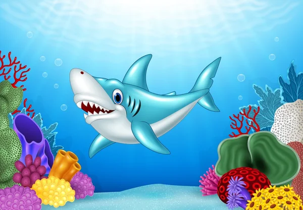 Stylized cartoon angry shark with beautiful underwater world — Stock Vector