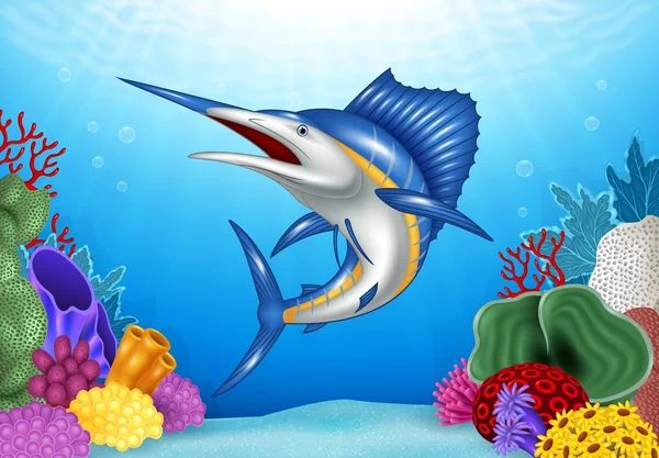 Karikatür okyanus sualtı mercan ile mavi Marlini