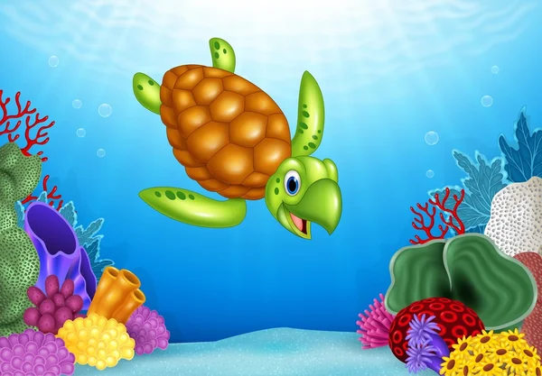 Dibujos animados tortuga divertida con hermoso mundo submarino — Vector de stock