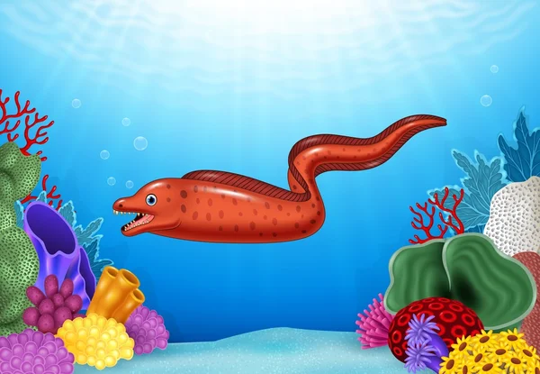 Linda anguila Moray con arrecife de coral bajo el agua en el océano — Vector de stock