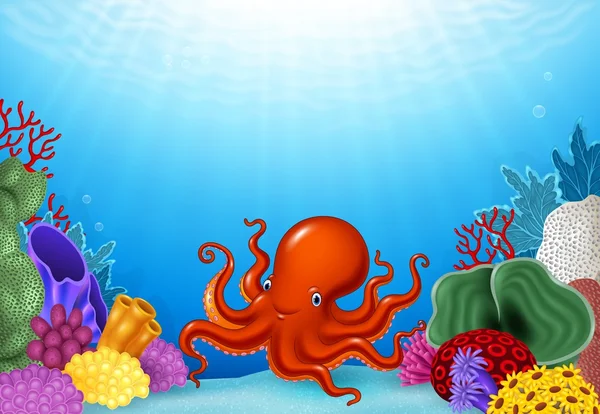 Pulpo de dibujos animados con arrecife de coral bajo el agua en el océano — Vector de stock