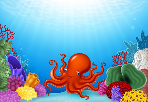 Cartoon Octopus with Coral Reef Underwater in Ocean