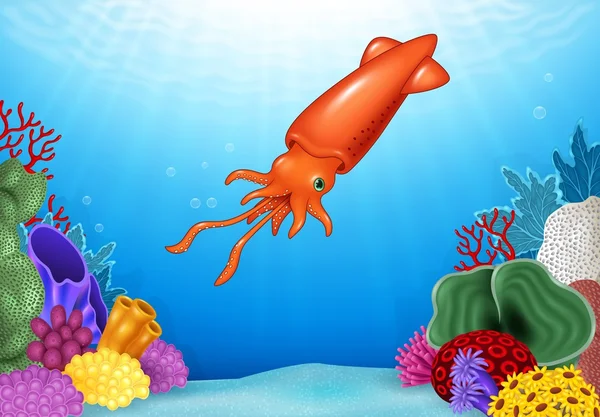 Kreslený chobotnice s krásný podmořský svět — Stockový vektor