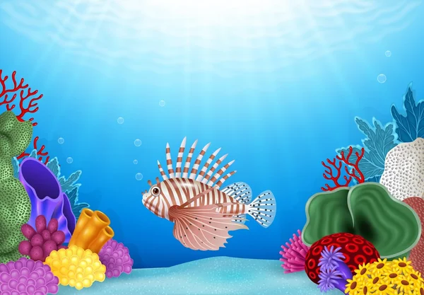 Desenhos animados Escorpião peixe com belo mundo subaquático —  Vetores de Stock