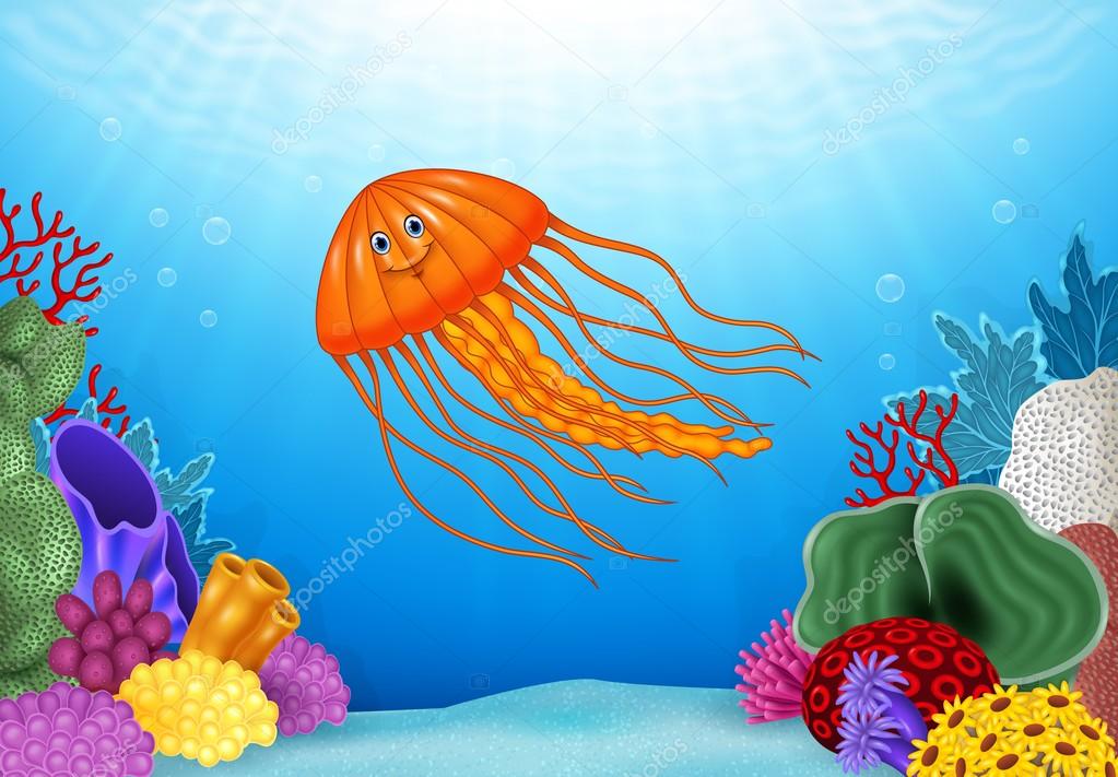Cartoon jellyfish with beautiful underwater world — Stock Vector