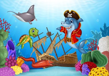 Cartoon sea animals with Shipwreck on the ocean clipart