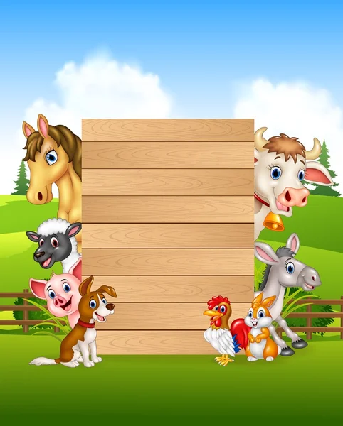 Animales de granja de dibujos animados con letrero de madera — Vector de stock