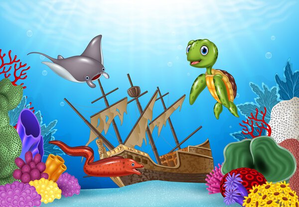 Sea animals with Shipwreck on the ocean