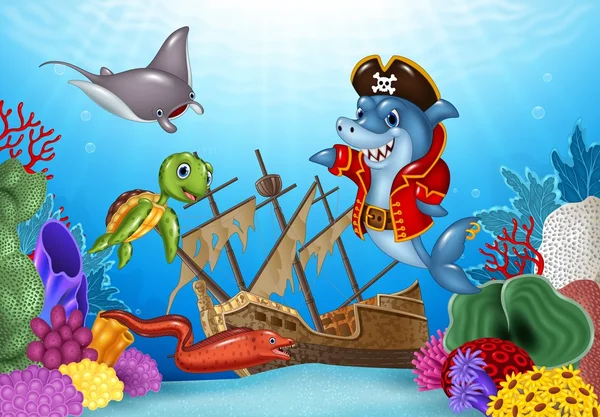 Cartoni animati animali marini con naufragio sull'oceano — Vettoriale Stock