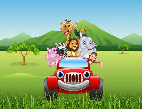 Cartoon animals africa in the red car — Stock Vector