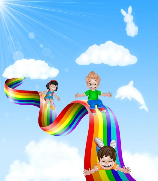 Bambini dei cartoni animati che giocano scivolo su arcobaleno — Vettoriale Stock