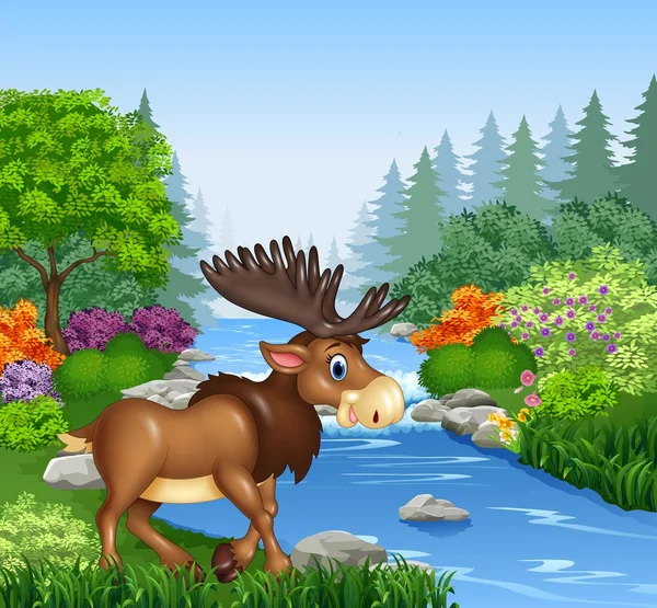Alce dos desenhos animados com grandes chifres em belo rio na floresta — Vetor de Stock