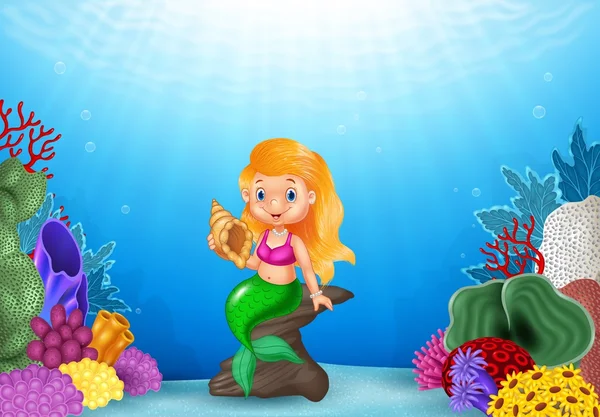 Cartoon Mermaid holding Seashell with beautiful underwater world — стоковый вектор