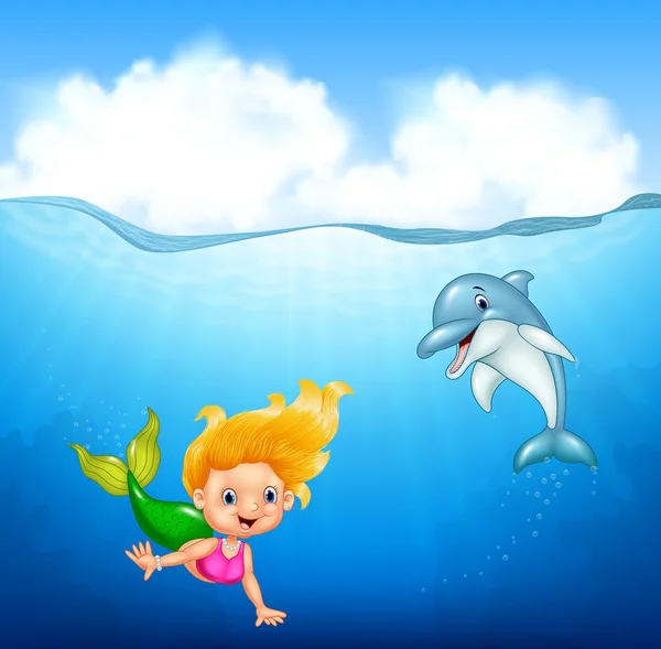 卡通美人鱼与海豚 — 图库矢量图片