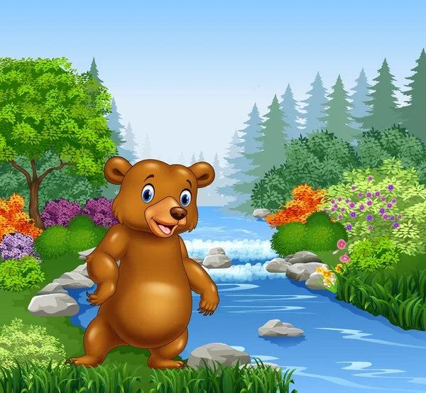 Urso dos desenhos animados em belo rio na floresta — Vetor de Stock