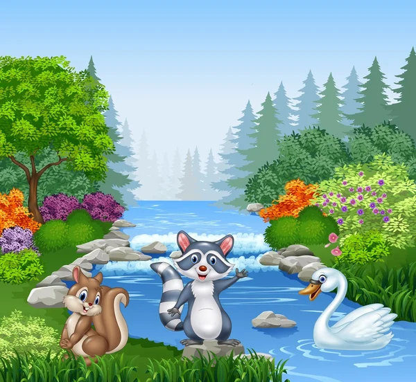 Cartoon funny animals in Beautiful river in forest — Stock Vector