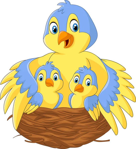 Mãe pássaro com seus dois bebês no ninho — Vetor de Stock