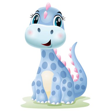 Çimlerin üzerinde oturan şirin bebek dinozorun vektör çizimi