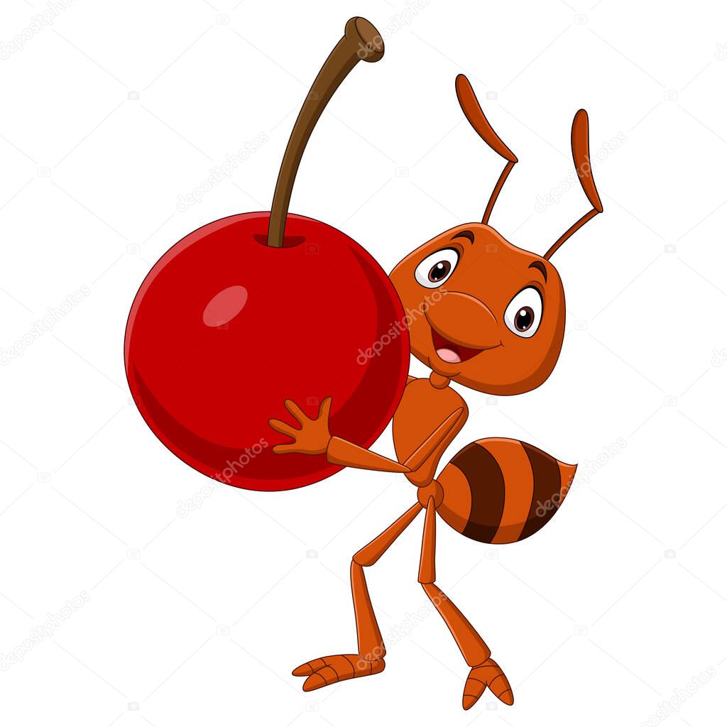 Vector illustration of Cute ant cartoon carrying a cherry