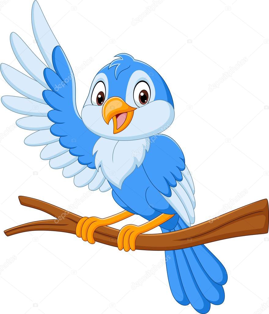Vector illustration of Cartoon blue bird waving on tree branch