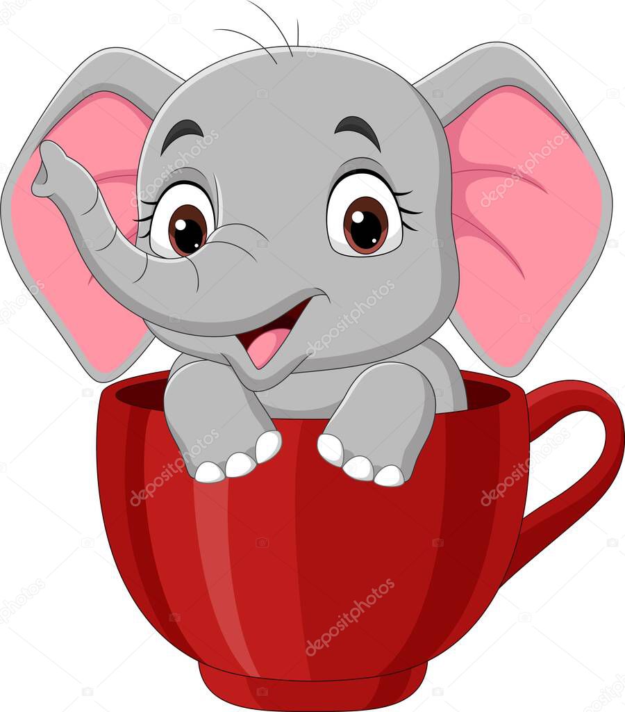 Vector illustration of Cartoon funny baby elephant sitting in red cup