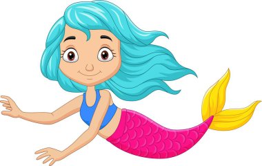 Beyaz arka planda şirin küçük deniz kızı karikatürünün vektör çizimi 