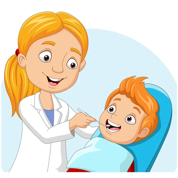 Vector Illustration Cartoon Doctor Dentist Checking Boy Teeth — Stock Vector