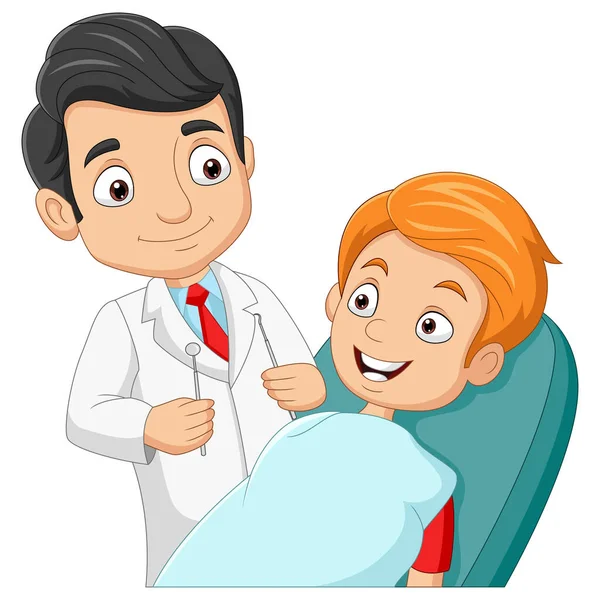 Vector Illustration Cartoon Dentist Checking Boy Teeth — Stock Vector