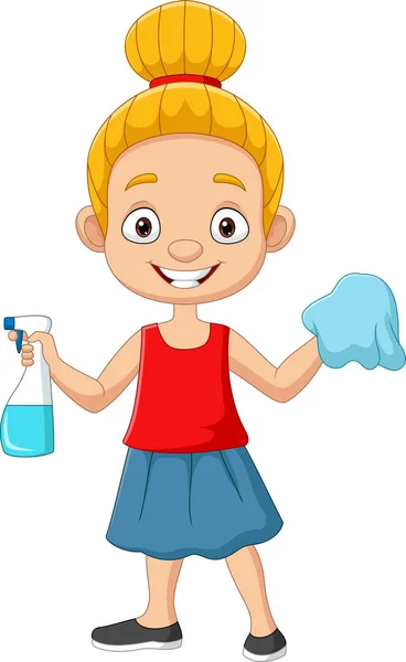 Vector Illustration Cartoon Little Girl Sprayer Bottle Rag — Stock Vector