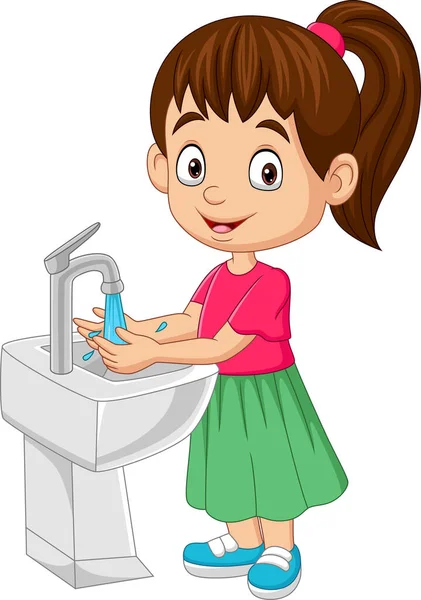 Vector Illustration Cartoon Little Girl Washing Her Hands — Stock Vector