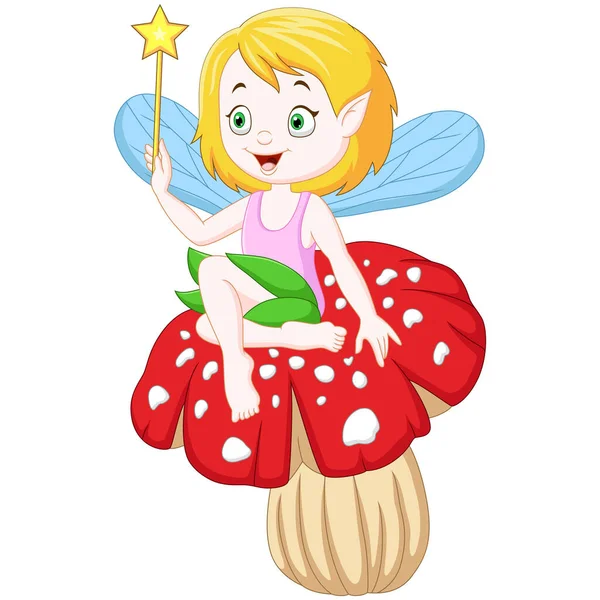 Vector Illustration Cartoon Little Fairy Sitting Mushroom — Stock Vector