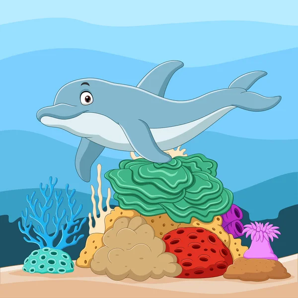 Illustrazione Vettoriale Del Delfino Dei Cartoni Animati Con Coralli Nel — Vettoriale Stock