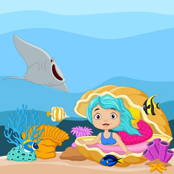 Vektor Illustration Der Kleinen Meerjungfrau Der Unterwasserwelt Mit Offener Perlmuschel — Stockvektor
