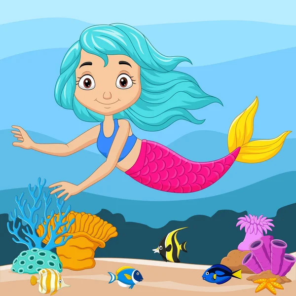 Vector Illustration Cartoon Little Mermaid Underwater Background — Stock Vector