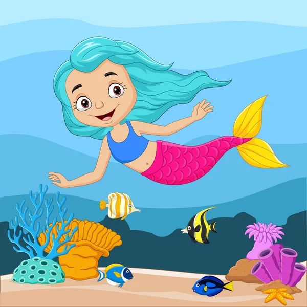 Vector Illustration Cartoon Little Mermaid Underwater Background — Stock Vector