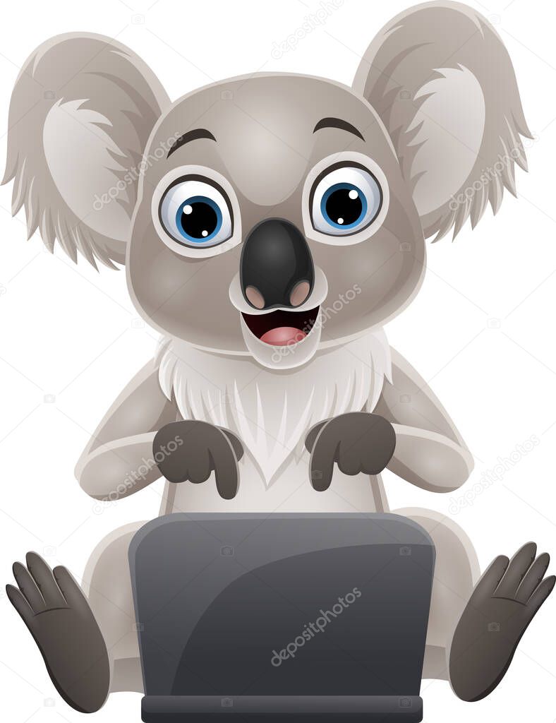 Vector illustration of Cartoon funny baby koala with laptop