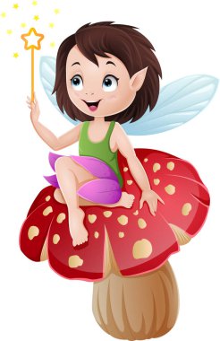 Mantarın üzerinde oturan çizgi film perisinin vektör çizimi